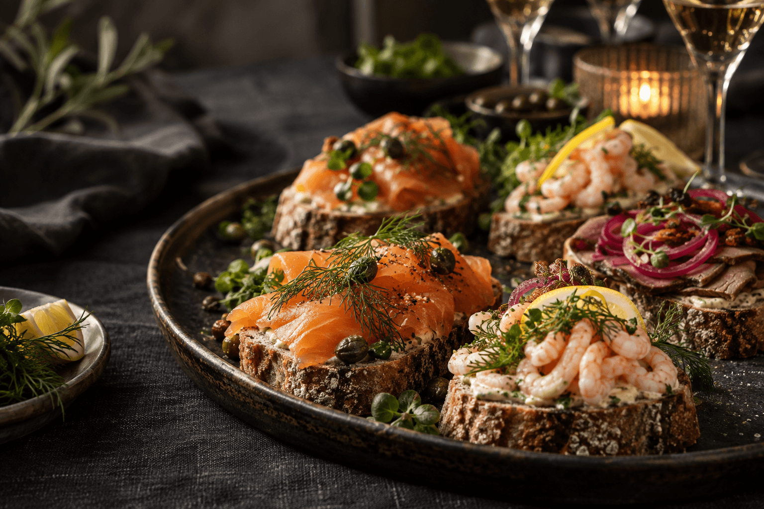 AI-generert konseptbilde av anrettede smørbrød med laks, reker og roastbiff