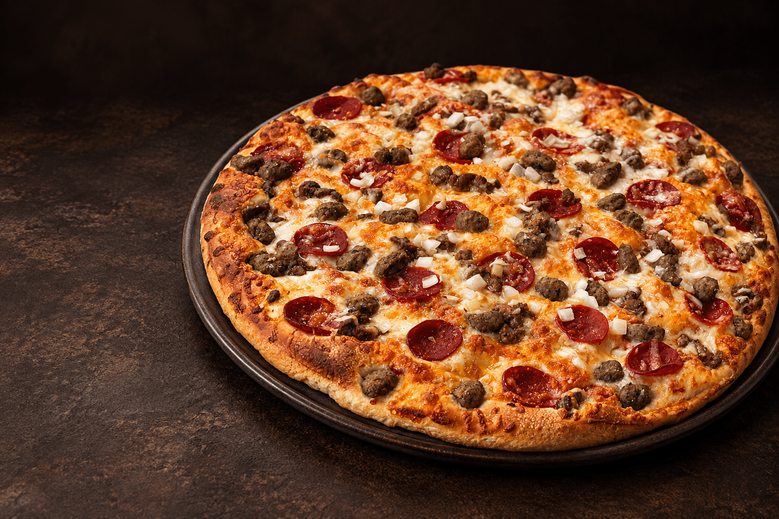 Bajazzos Meatball Madness-pizza med kjøttboller, pepperoni og løk; AI-bearbeidet originalfoto