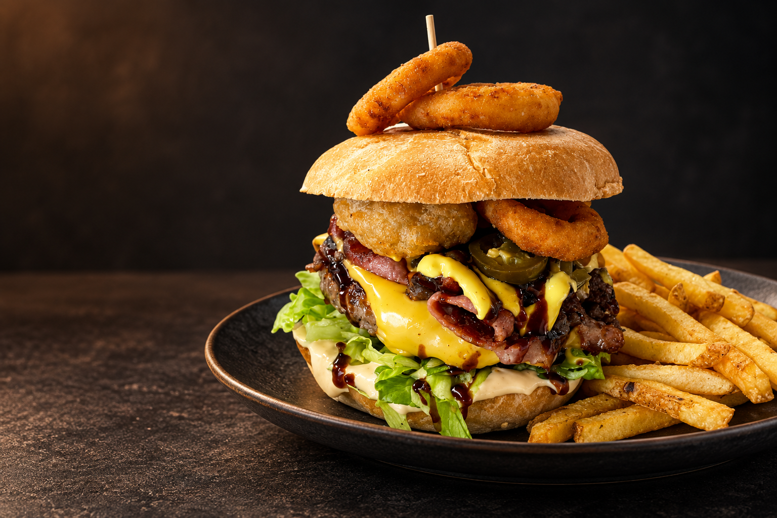 Huset`s Smashburger med pommes frites, bearbeidet fra originalfoto